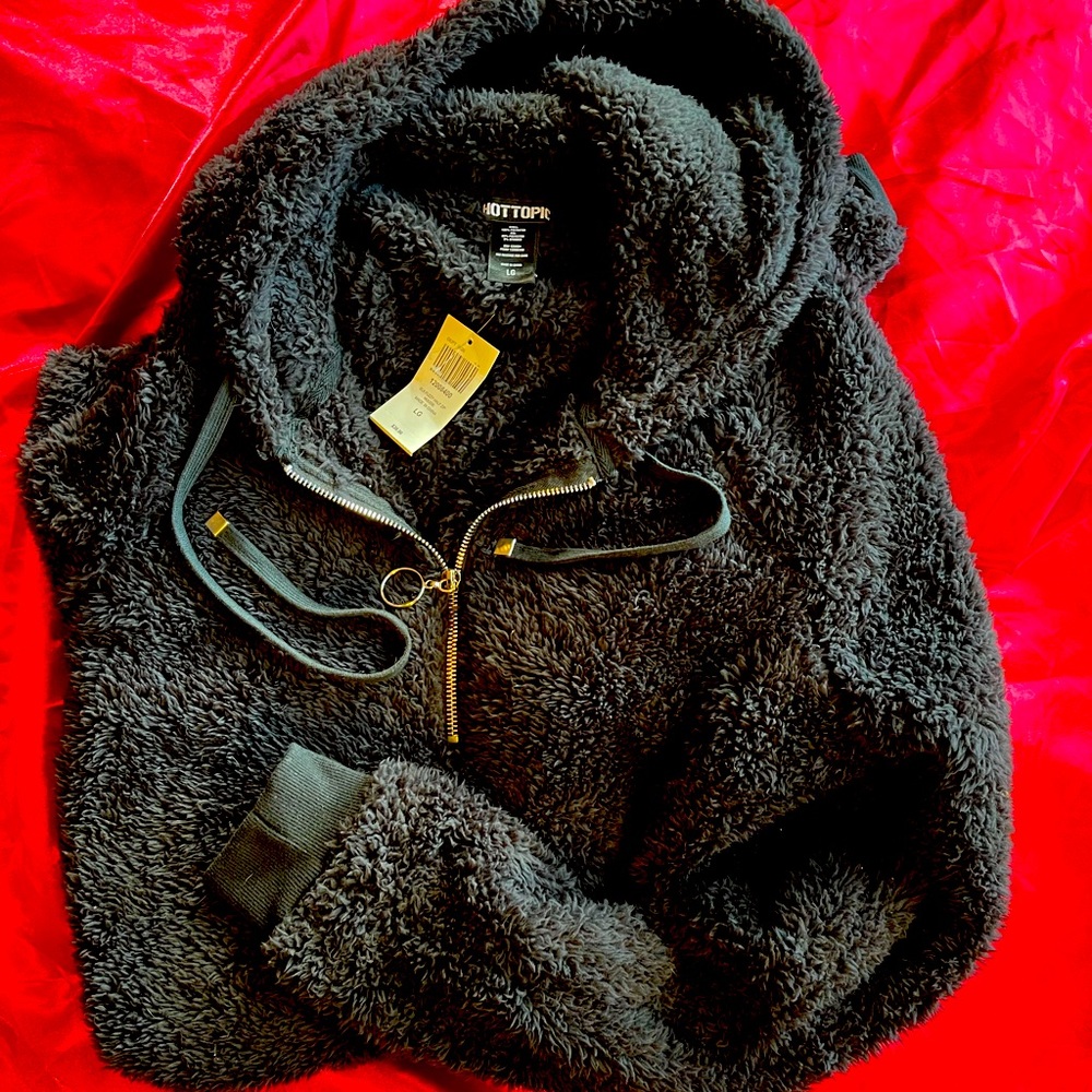 HT black fuzzy teddy half zip hoodie